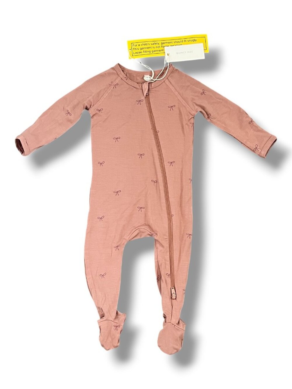 NWT Quincy Mae Bow Bamboo Zip Footie in Blush Pink Mauve Size 0-3M